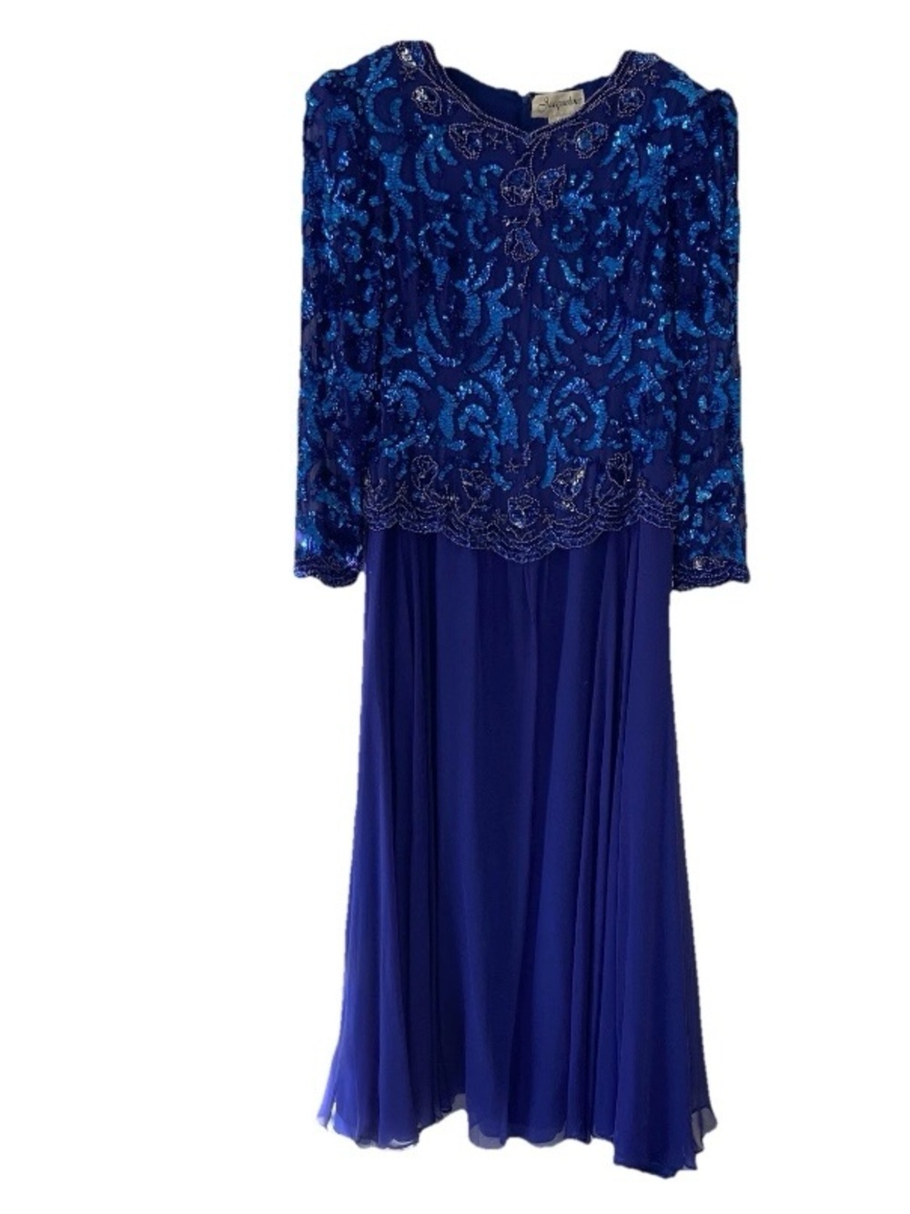 Vintage Silk Sequin Gown Royal Blue Beaded Maxi Dress Designer Jacqueline